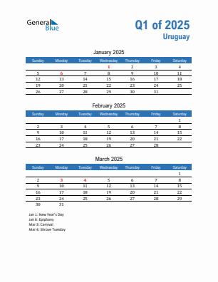 Uruguay Quarter 1  2025 calendar template