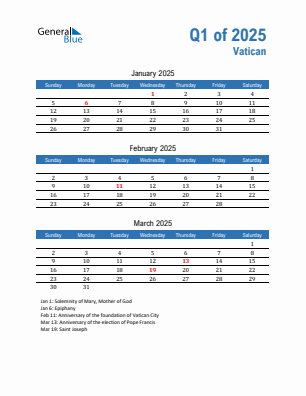 Vatican Quarter 1  2025 calendar template