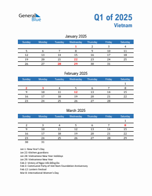 Vietnam Quarter 1  2025 calendar template