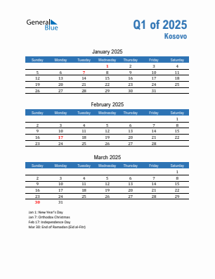 Kosovo Quarter 1  2025 calendar template