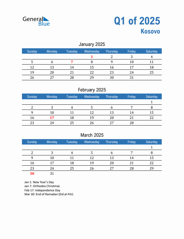 Kosovo Q1 2025 Quarterly Calendar with Sunday Start