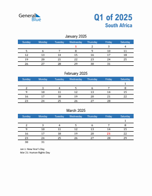 South Africa Quarter 1  2025 calendar template