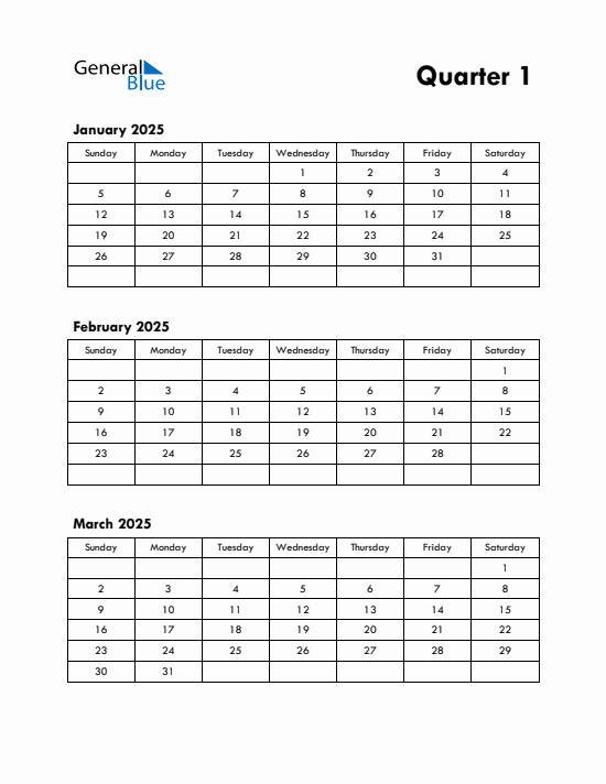 Quarter 1 2025 calendar template