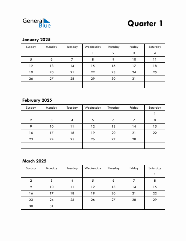 Quarter 1 2025 Calendar - Sunday Start