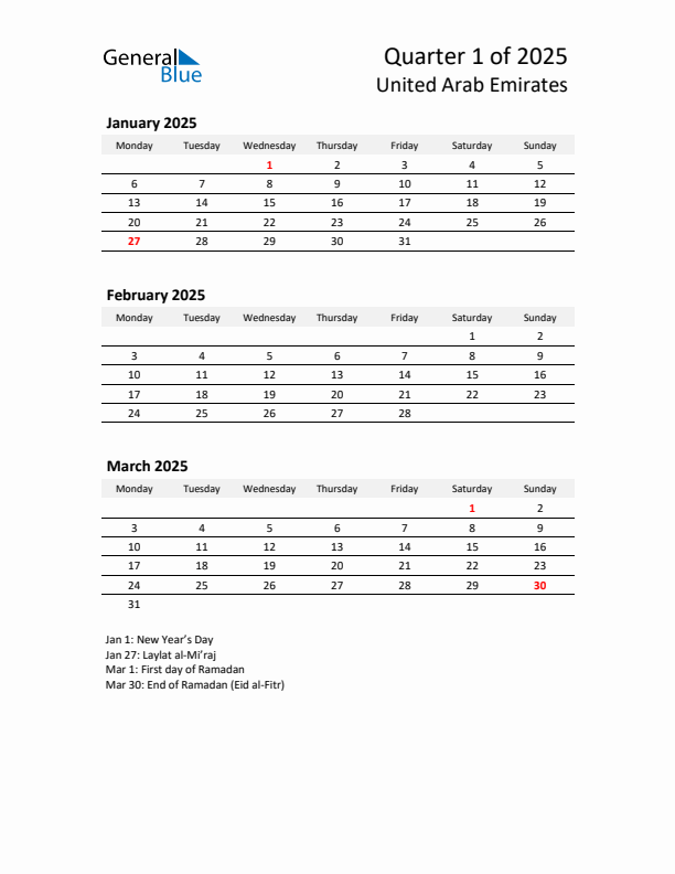 2025 Q1 Three-Month Calendar for United Arab Emirates