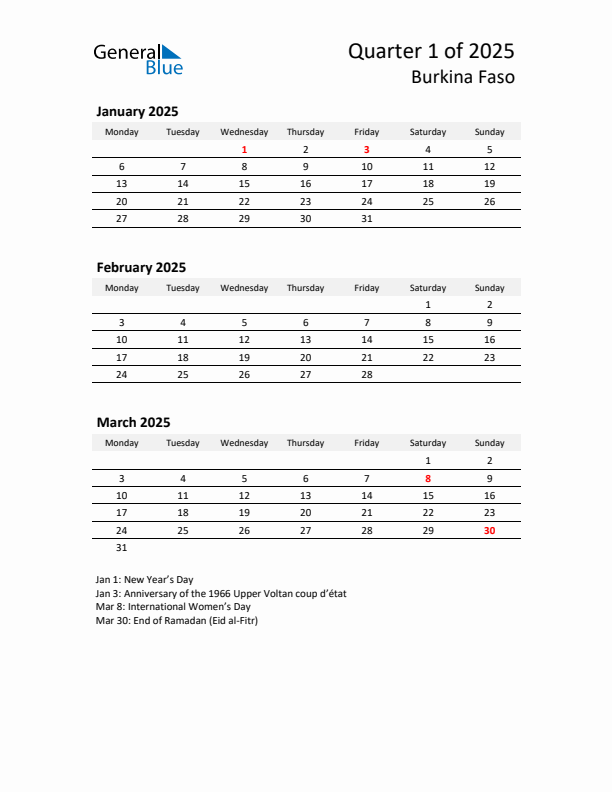 2025 Q1 Three-Month Calendar for Burkina Faso