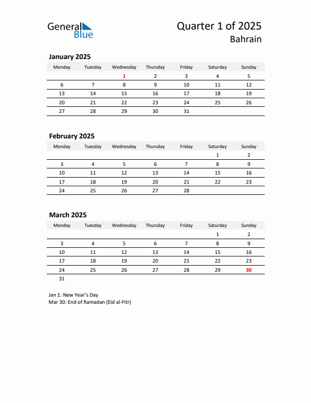 2025 Q1 Three-Month Calendar for Bahrain