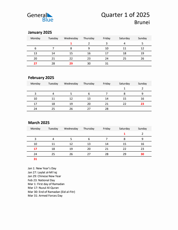 2025 Q1 Three-Month Calendar for Brunei