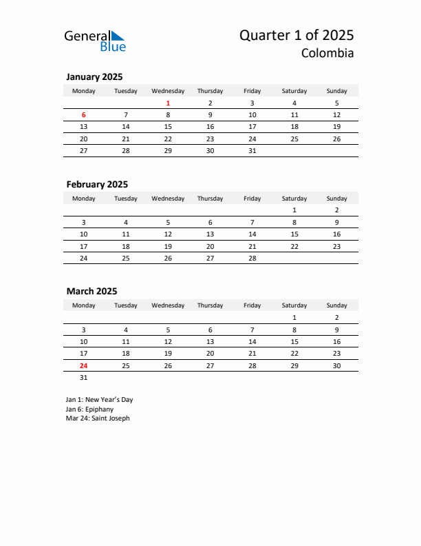 2025 Q1 Three-Month Calendar for Colombia