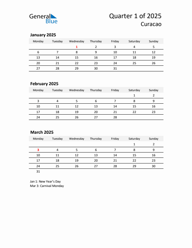 2025 Q1 Three-Month Calendar for Curacao