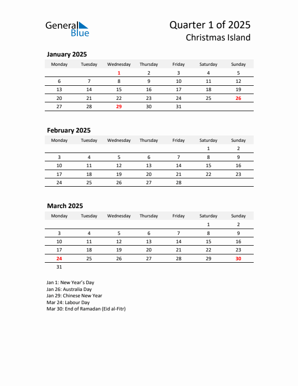 2025 Q1 Three-Month Calendar for Christmas Island