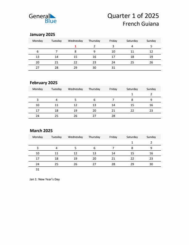 2025 Q1 Three-Month Calendar for French Guiana