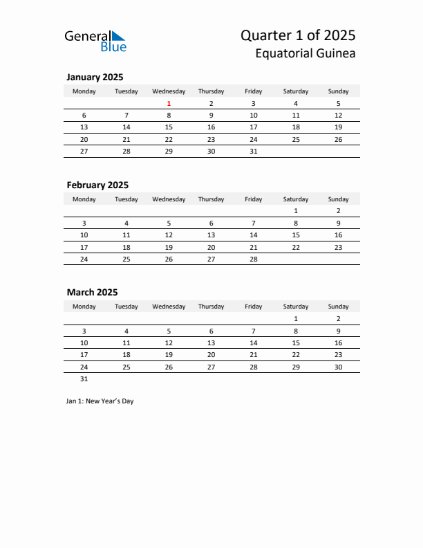 2025 Q1 Three-Month Calendar for Equatorial Guinea