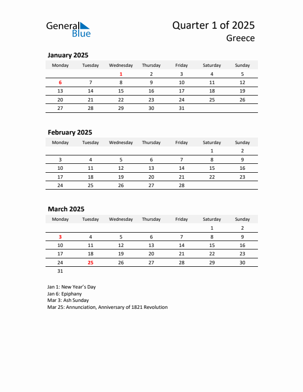 2025 Q1 Three-Month Calendar for Greece