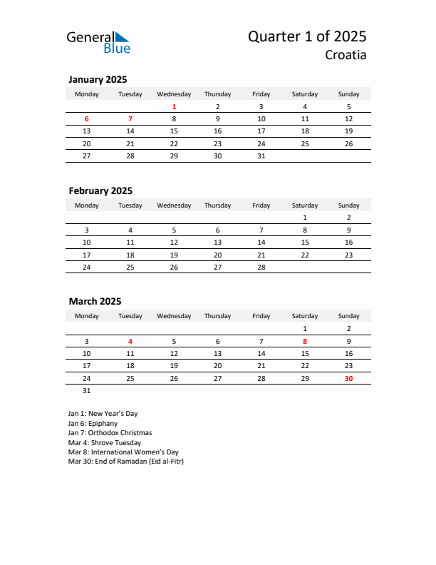 2025 Q1 Three-Month Calendar for Croatia