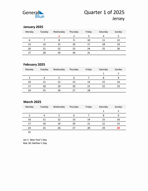 2025 Q1 Three-Month Calendar for Jersey