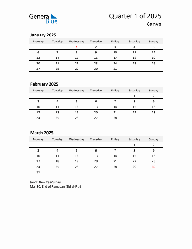 2025 Q1 Three-Month Calendar for Kenya