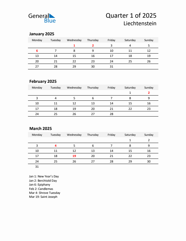 2025 Q1 Three-Month Calendar for Liechtenstein