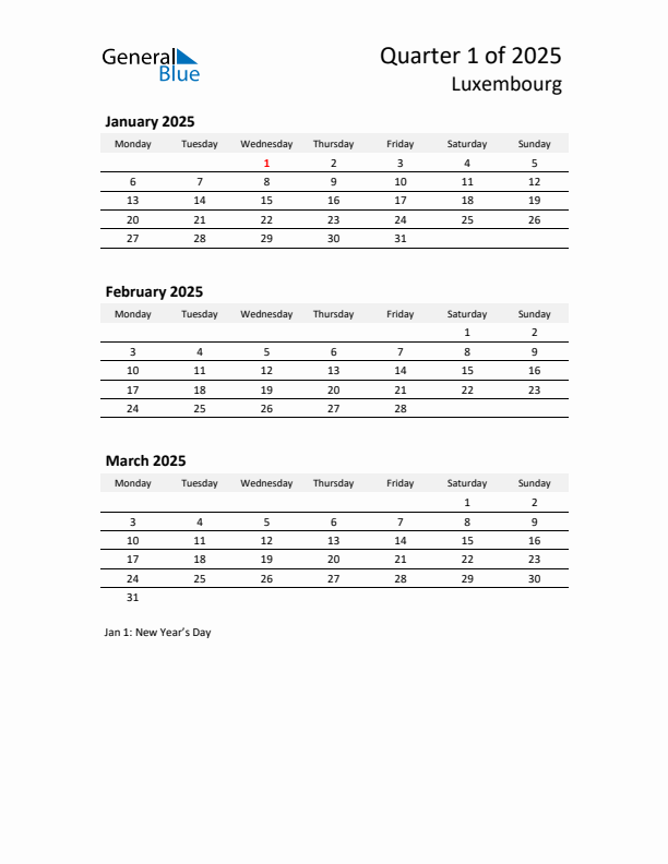 2025 Q1 Three-Month Calendar for Luxembourg