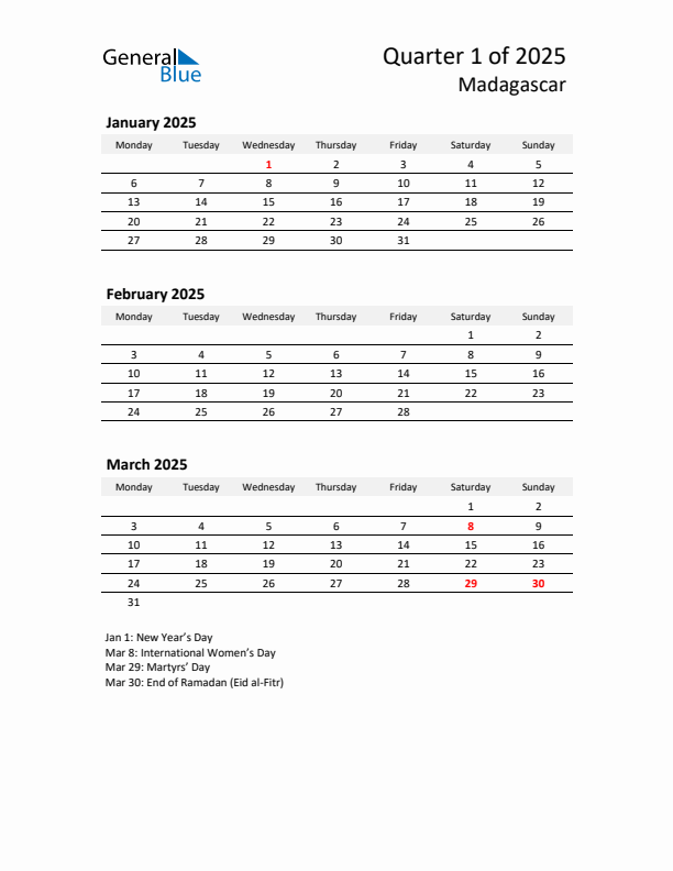 2025 Q1 Three-Month Calendar for Madagascar