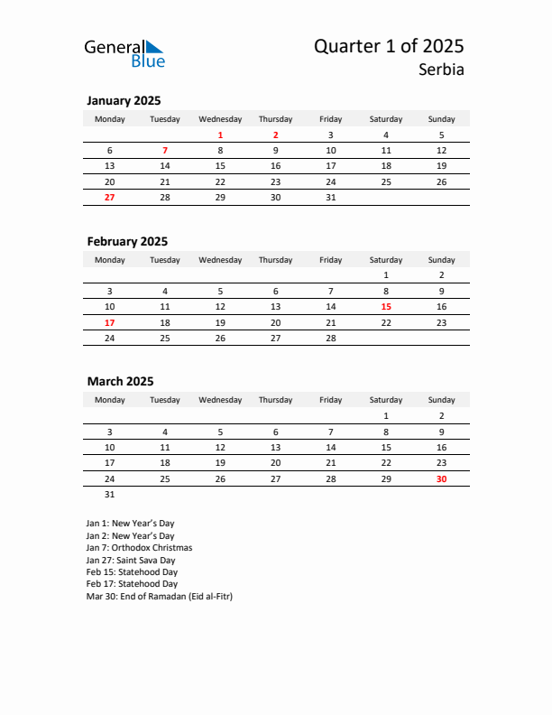 2025 Q1 Three-Month Calendar for Serbia