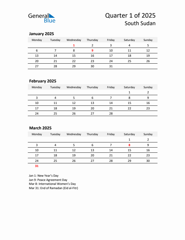 2025 Q1 Three-Month Calendar for South Sudan