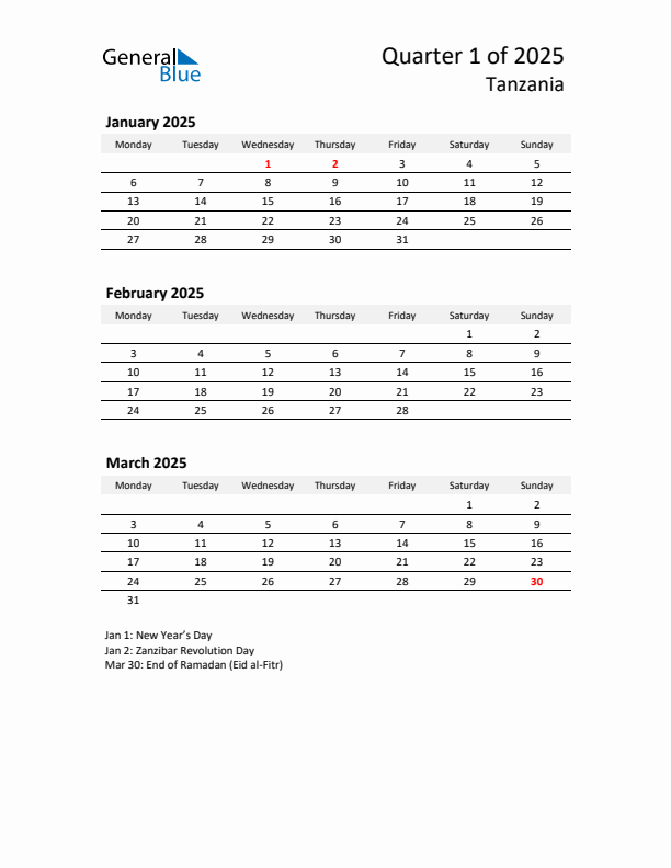 2025 Q1 Three-Month Calendar for Tanzania