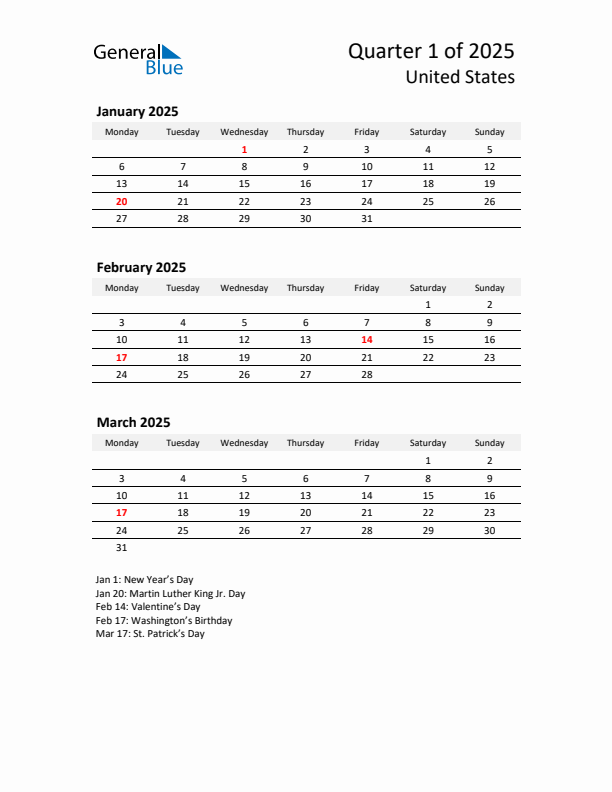 2025 Q1 Three-Month Calendar for United States