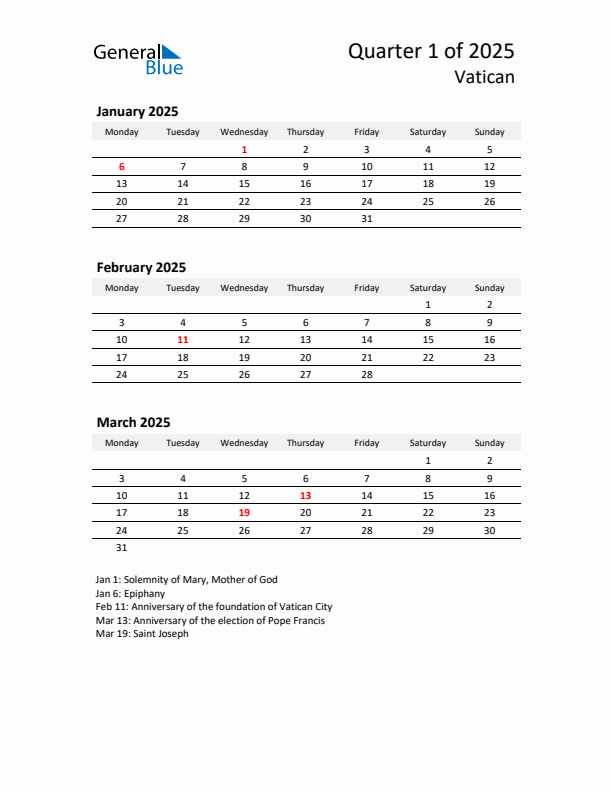 2025 Q1 Three-Month Calendar for Vatican