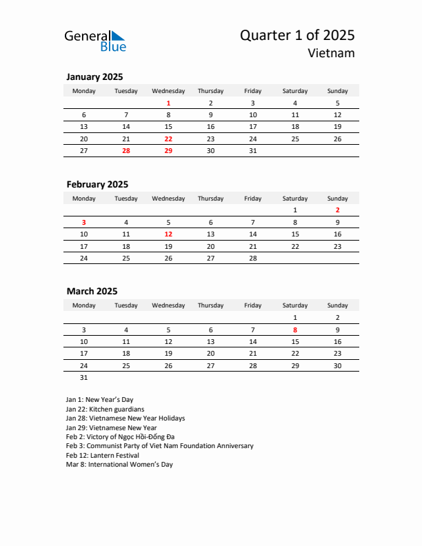 2025 Q1 Three-Month Calendar for Vietnam