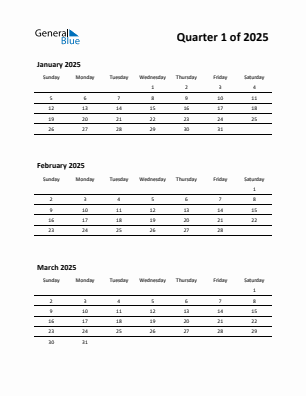 Quarter 1  2025 calendar template