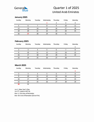 United Arab Emirates Quarter 1  2025 calendar template