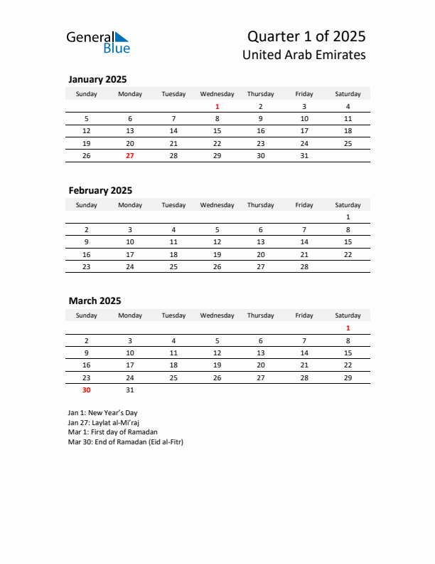 2025 Q1 Three-Month Calendar for United Arab Emirates