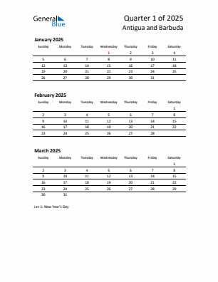 Antigua and Barbuda Quarter 1  2025 calendar template