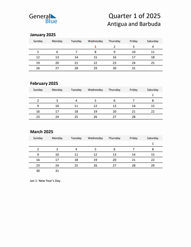 2025 Q1 Three-Month Calendar for Antigua and Barbuda