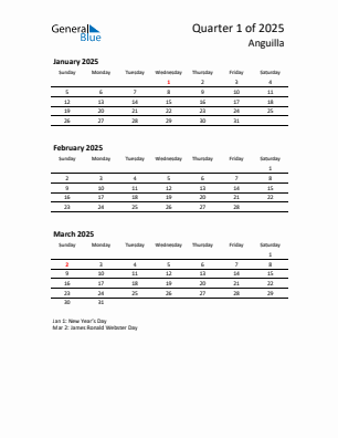 Anguilla Quarter 1  2025 calendar template