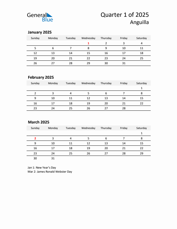 2025 Q1 Three-Month Calendar for Anguilla