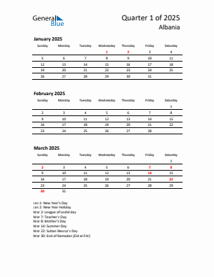 Albania Quarter 1  2025 calendar template