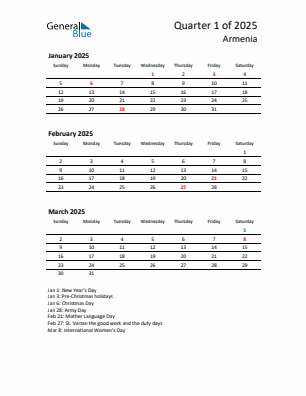 Armenia Quarter 1  2025 calendar template