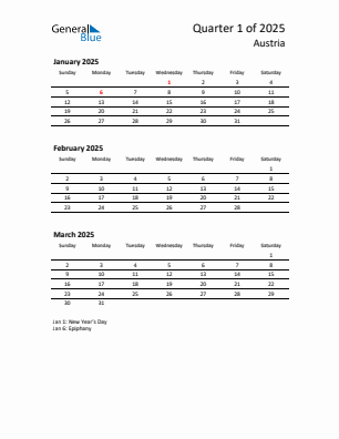 Austria Quarter 1  2025 calendar template