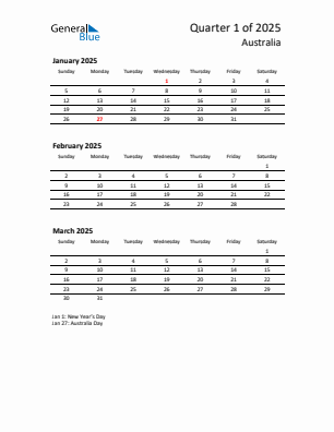 Australia Quarter 1  2025 calendar template