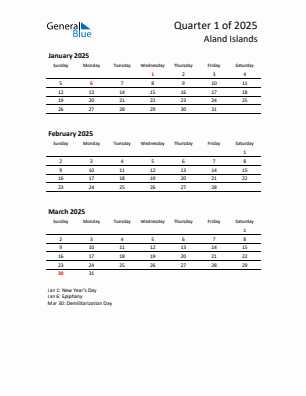 Aland Islands Quarter 1  2025 calendar template