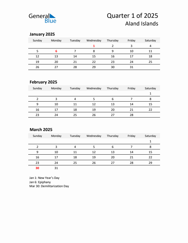 2025 Q1 Three-Month Calendar for Aland Islands