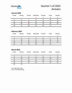 Barbados Quarter 1  2025 calendar template