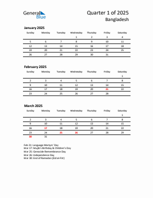 Bangladesh Quarter 1  2025 calendar template