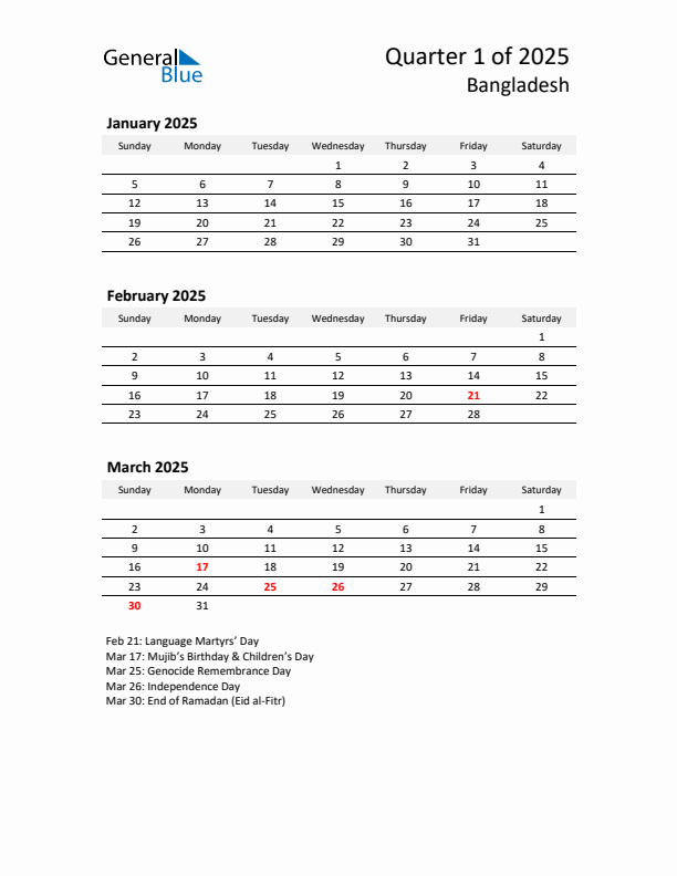 2025 Q1 Three-Month Calendar for Bangladesh