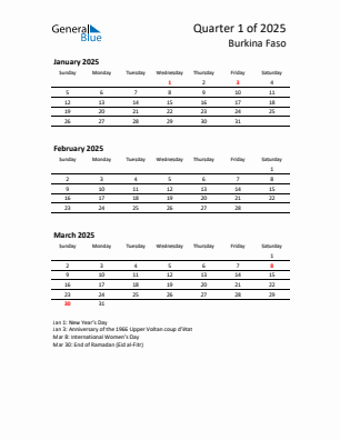 Burkina Faso Quarter 1  2025 calendar template