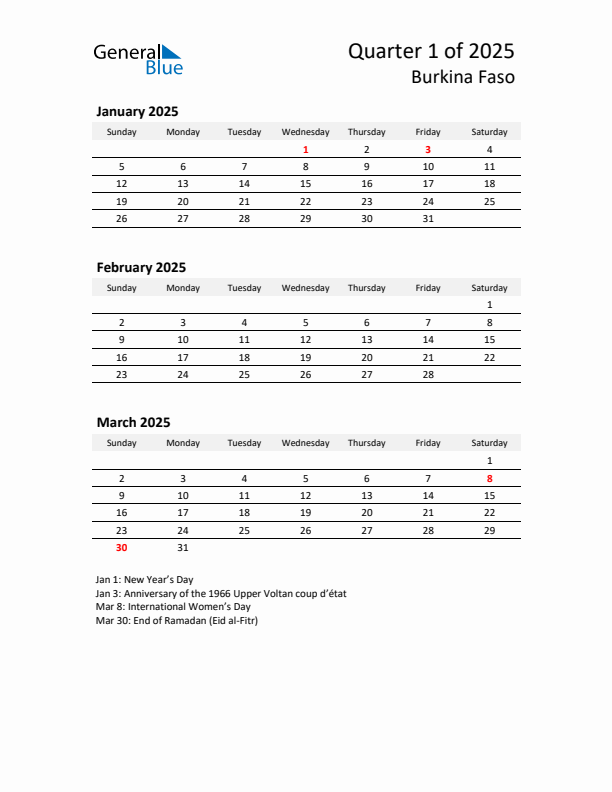 2025 Q1 Three-Month Calendar for Burkina Faso