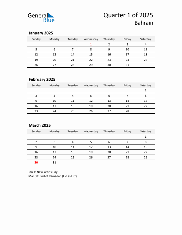 2025 Q1 Three-Month Calendar for Bahrain