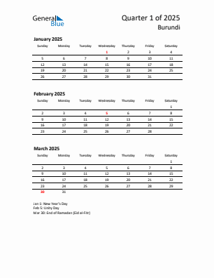 Burundi Quarter 1  2025 calendar template